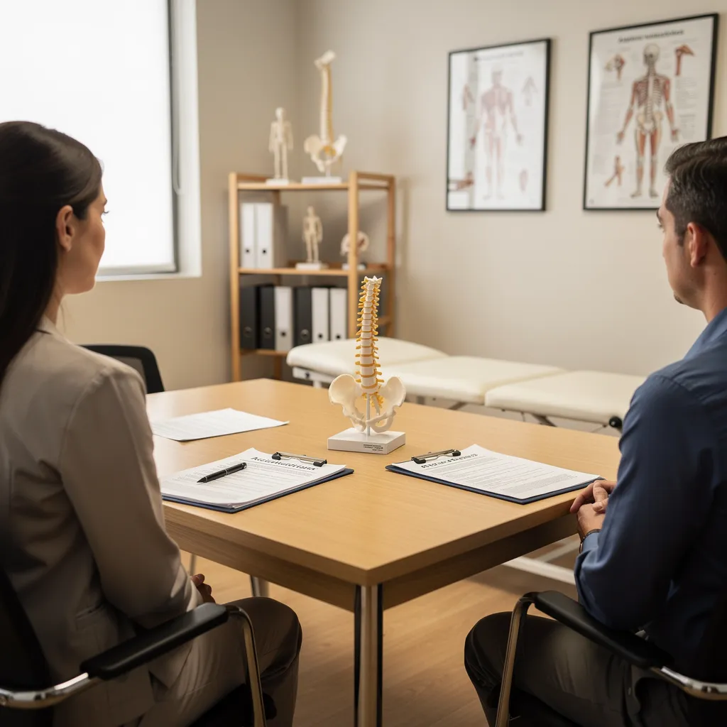 The first visit centers on a detailed conversation about the accident, current symptoms, and medical