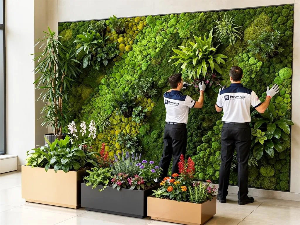 Interior plantscaping team maintaining indoor plants and a living wall
