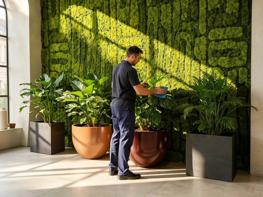 Gardener performing interior plantscaping maintenance on indoor potted plants
