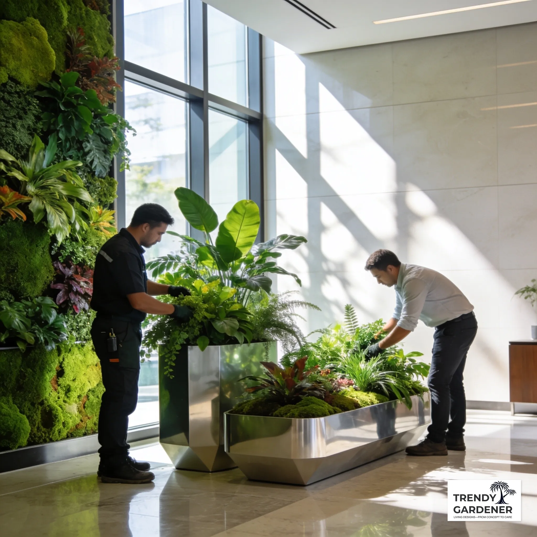 Professional interior plantscaping installation in a modern office lobby