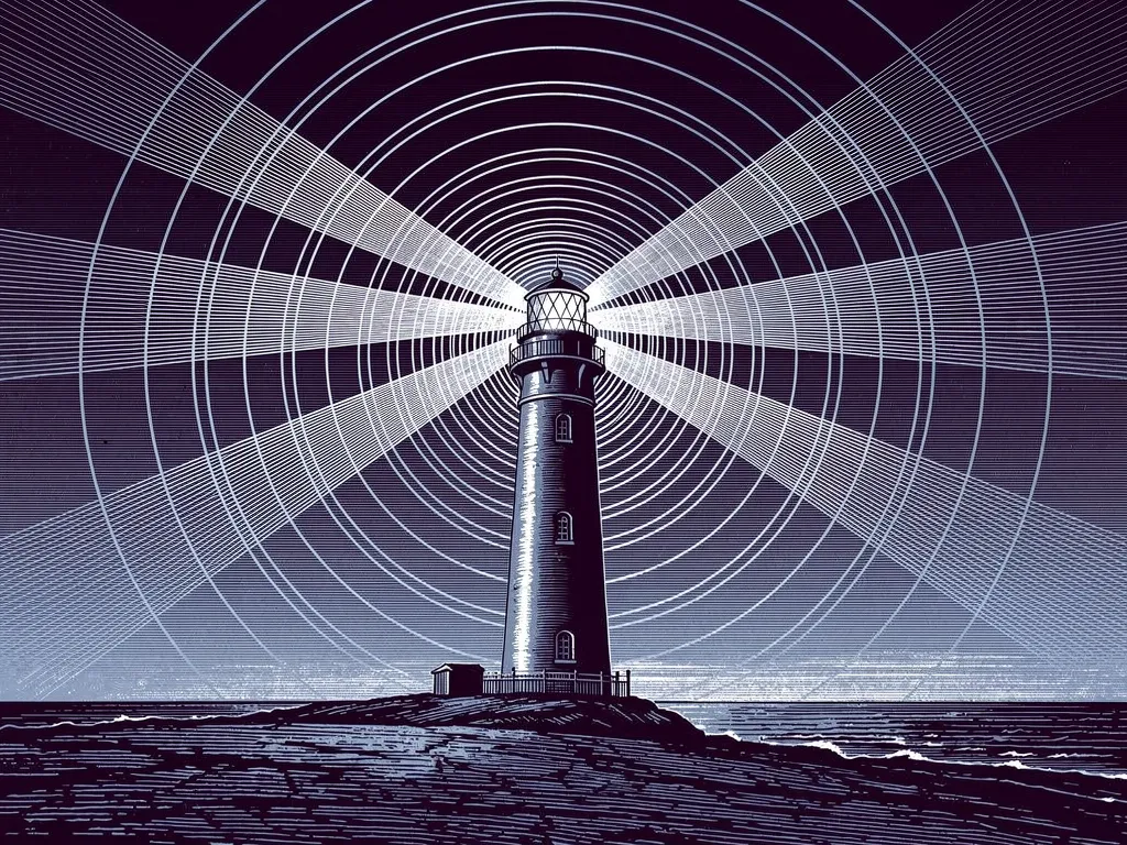 Vintage scientific woodcut lighthouse radiating concentric light rays in dark purple to light blue duotone