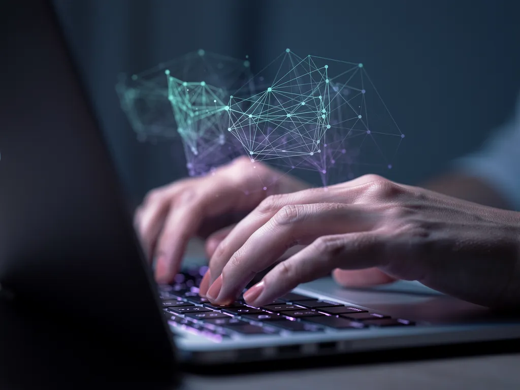 Hands typing on a laptop with a soft holographic citation network glow