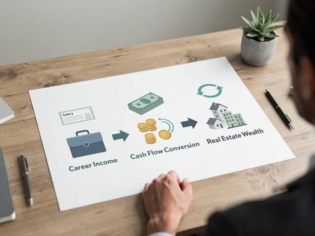 Three-stage roadmap turning career income into cash flow and wealth