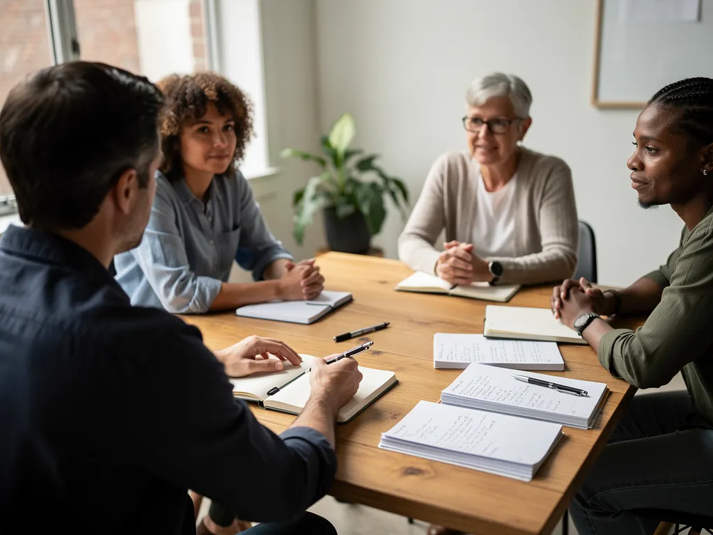 Coach meeting with a small group of clients reflecting limited monthly intake for accountability
