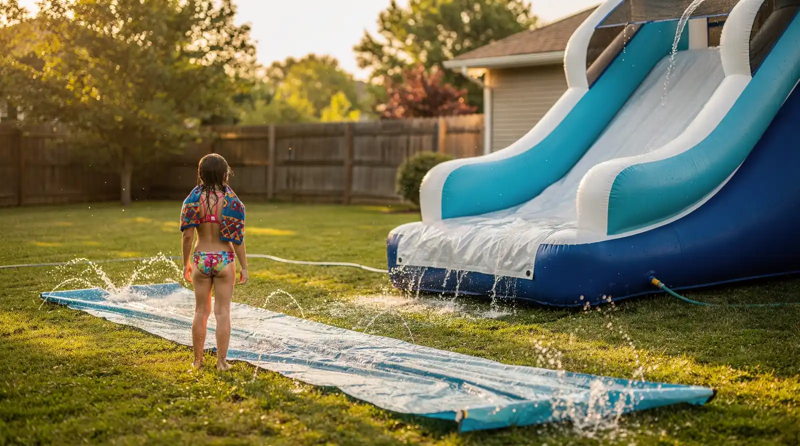 Water slides sit alongside inflatable bouncers as part of the inventory customers requested, showing they