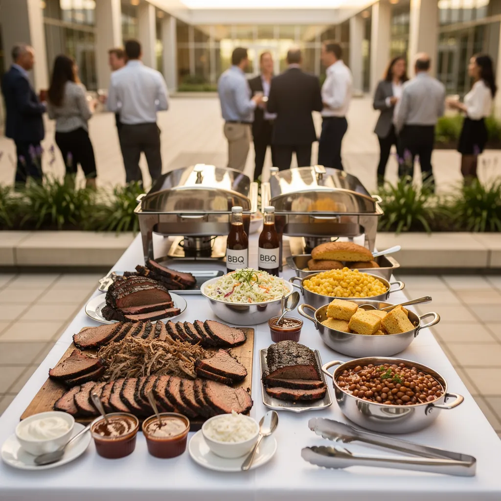 Corporate barbecue catering spread with smoked meats and sides