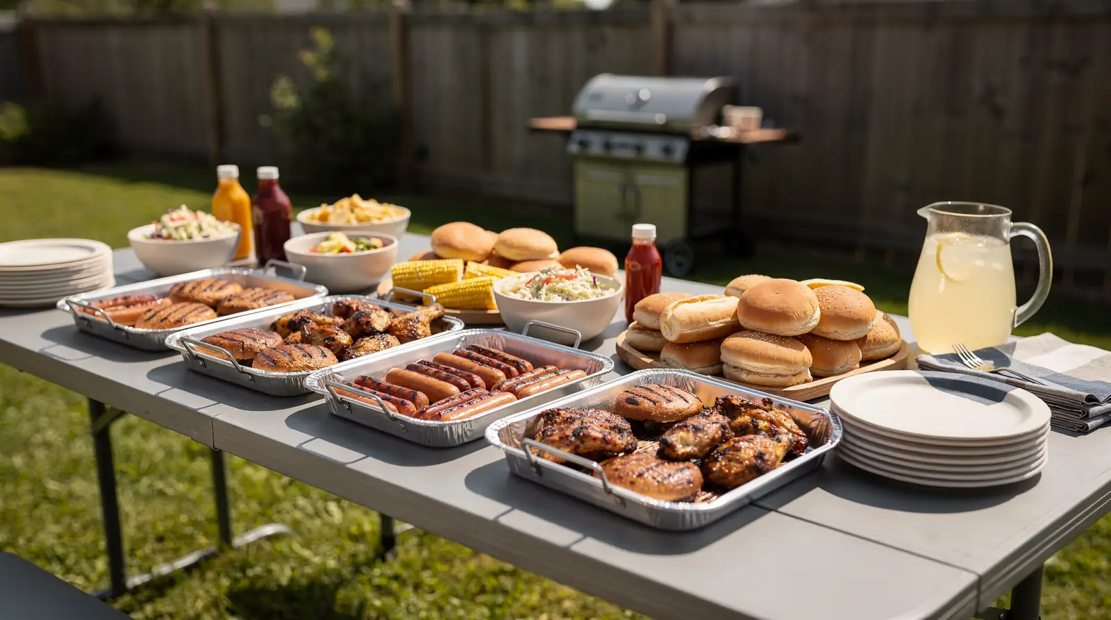 A professionally staffed BBQ package includes on-site grilling equipment, a cooking tent, and disposable serving