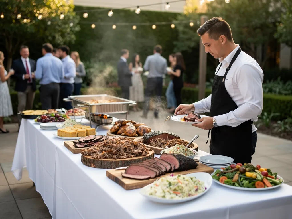 Smoked brisket, pulled pork, and savory sides create a relaxed atmosphere that naturally encourages coworkers