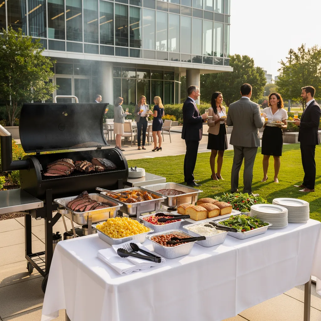 Corporate BBQ catering spread with coworkers mingling at a company event