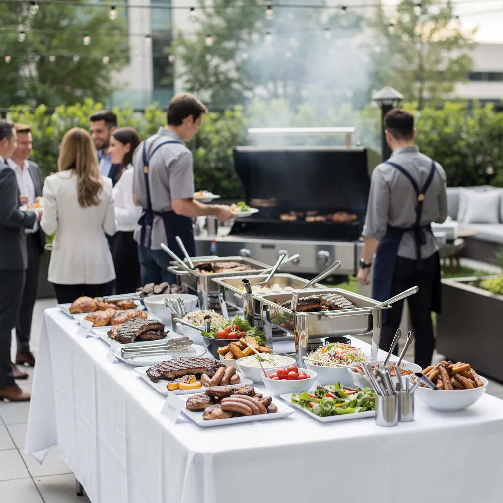 Corporate BBQ catering buffet spread served outdoors for a company event