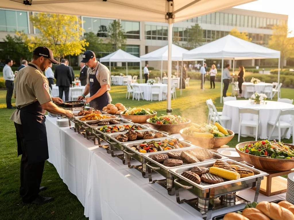 Full-service catering, which includes staff, buffet setup, and cleanup, suits larger corporate gatherings that need