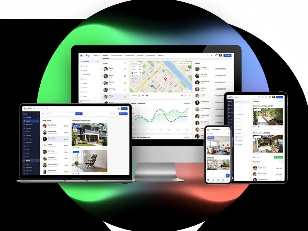 Real estate agent using Lofty CRM dashboard on laptop and phone Real estate agent using Lofty CRM dashboard on laptop and phone