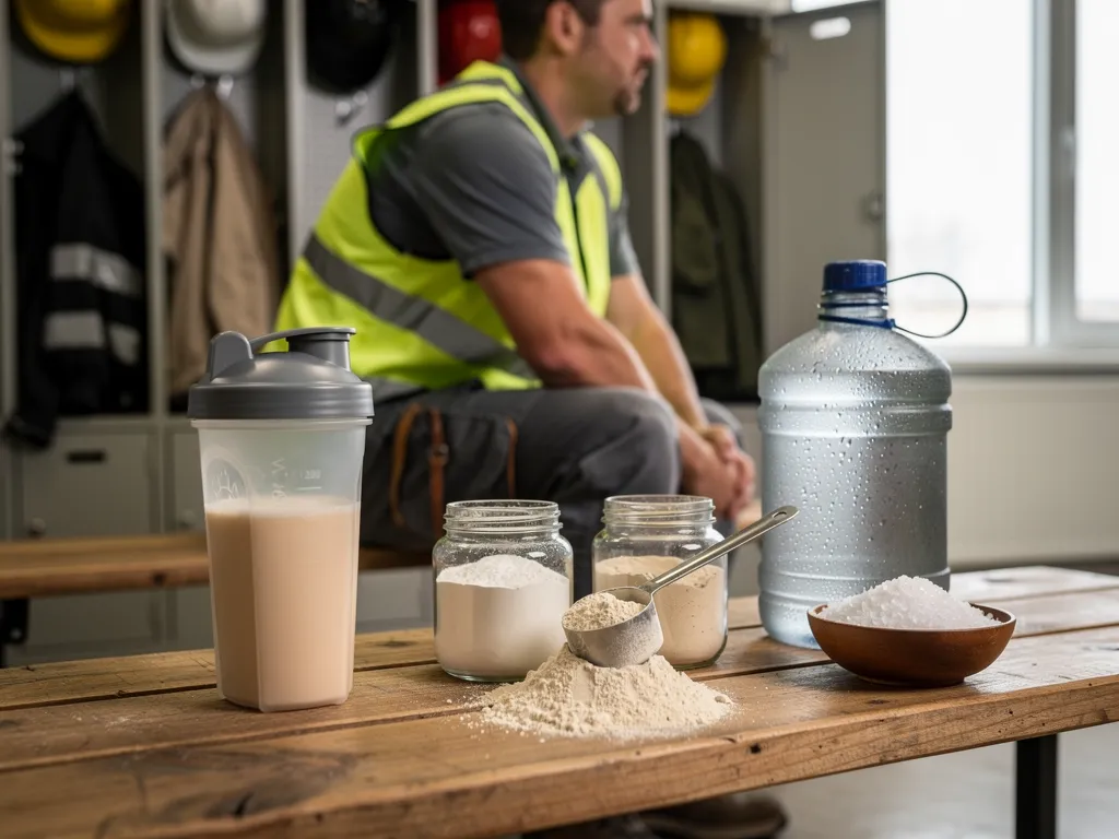 Whey protein and glutamine recovery powder mixed in a shaker bottle
