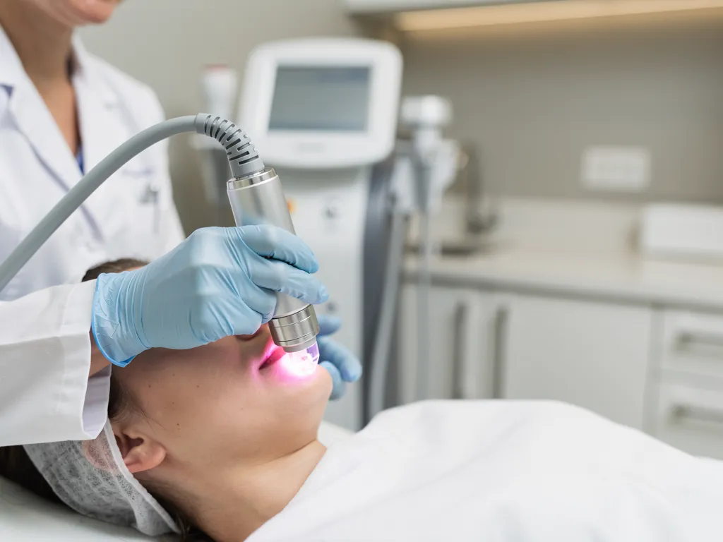 Dermatologist performing laser skin resurfacing treatment on patient's face