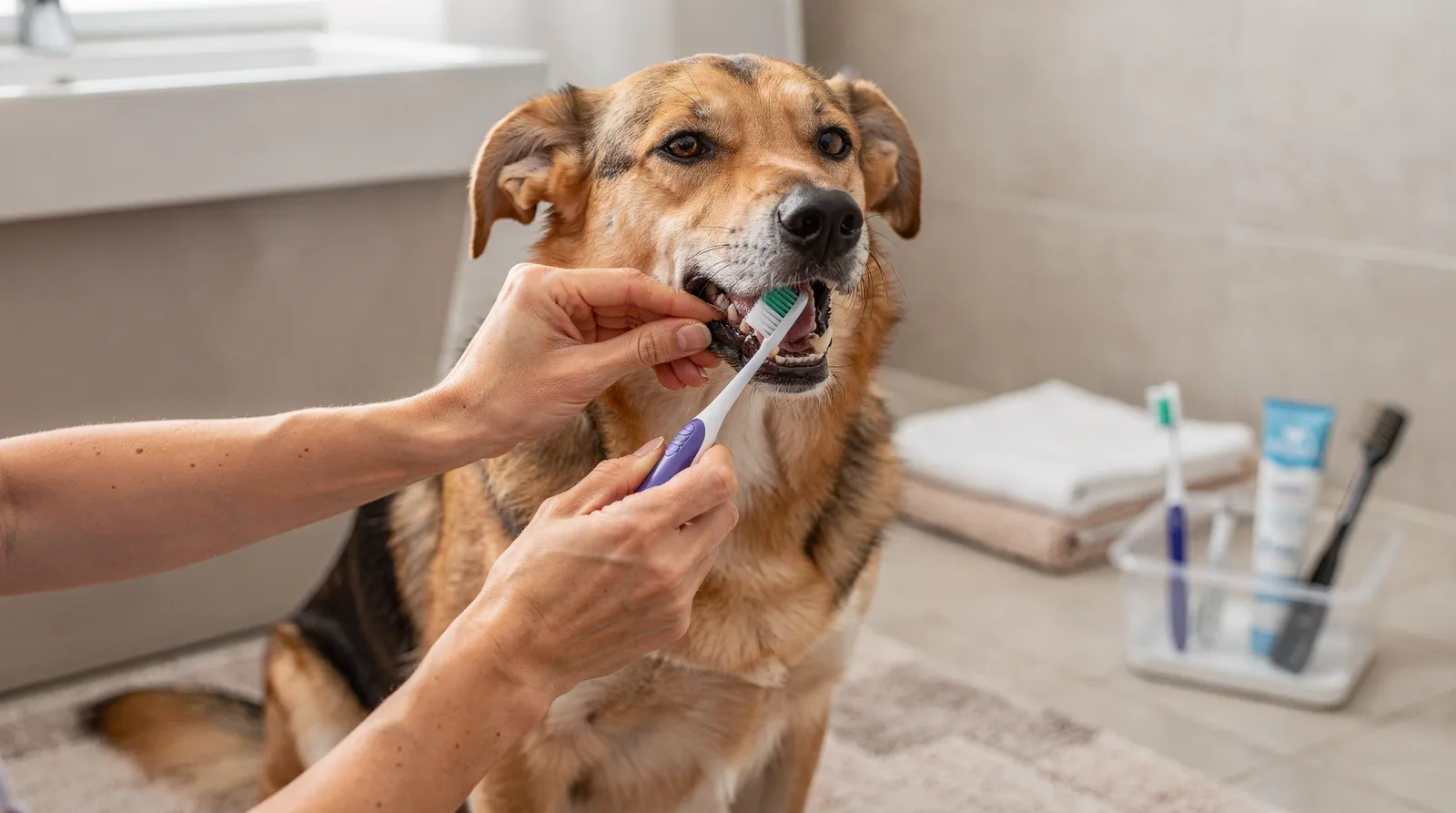Home brushing, dental chews, and regular veterinary exams are all ways to improve a dog's