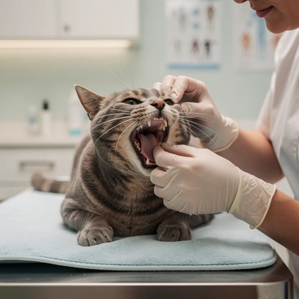 Close-up of a cat's mouth showing healthy teeth and gums during a dental exam
