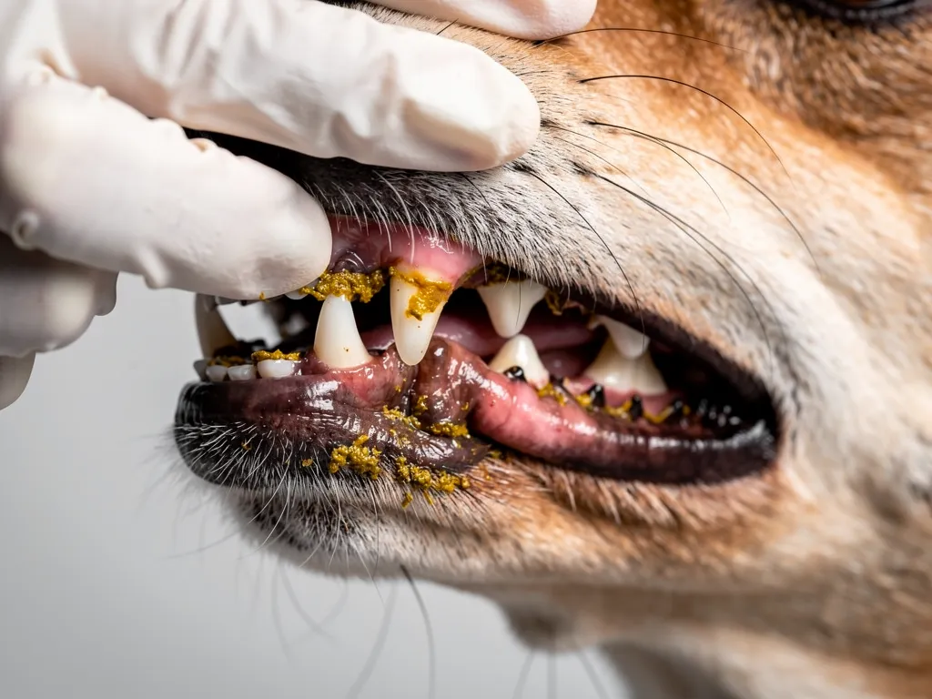 Dog's teeth showing tartar buildup along the gumline during an oral exam