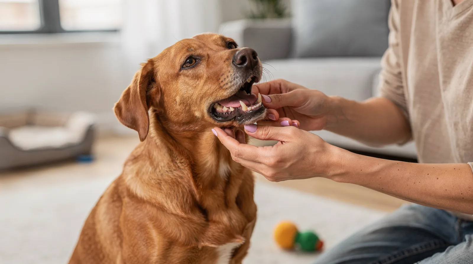 Visible plaque buildup on the teeth is one of the signs owners should look