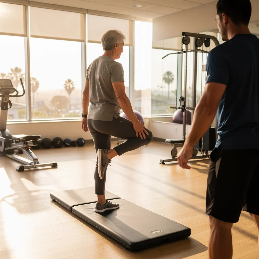 Certified trainer guiding a senior client through a balance exercise