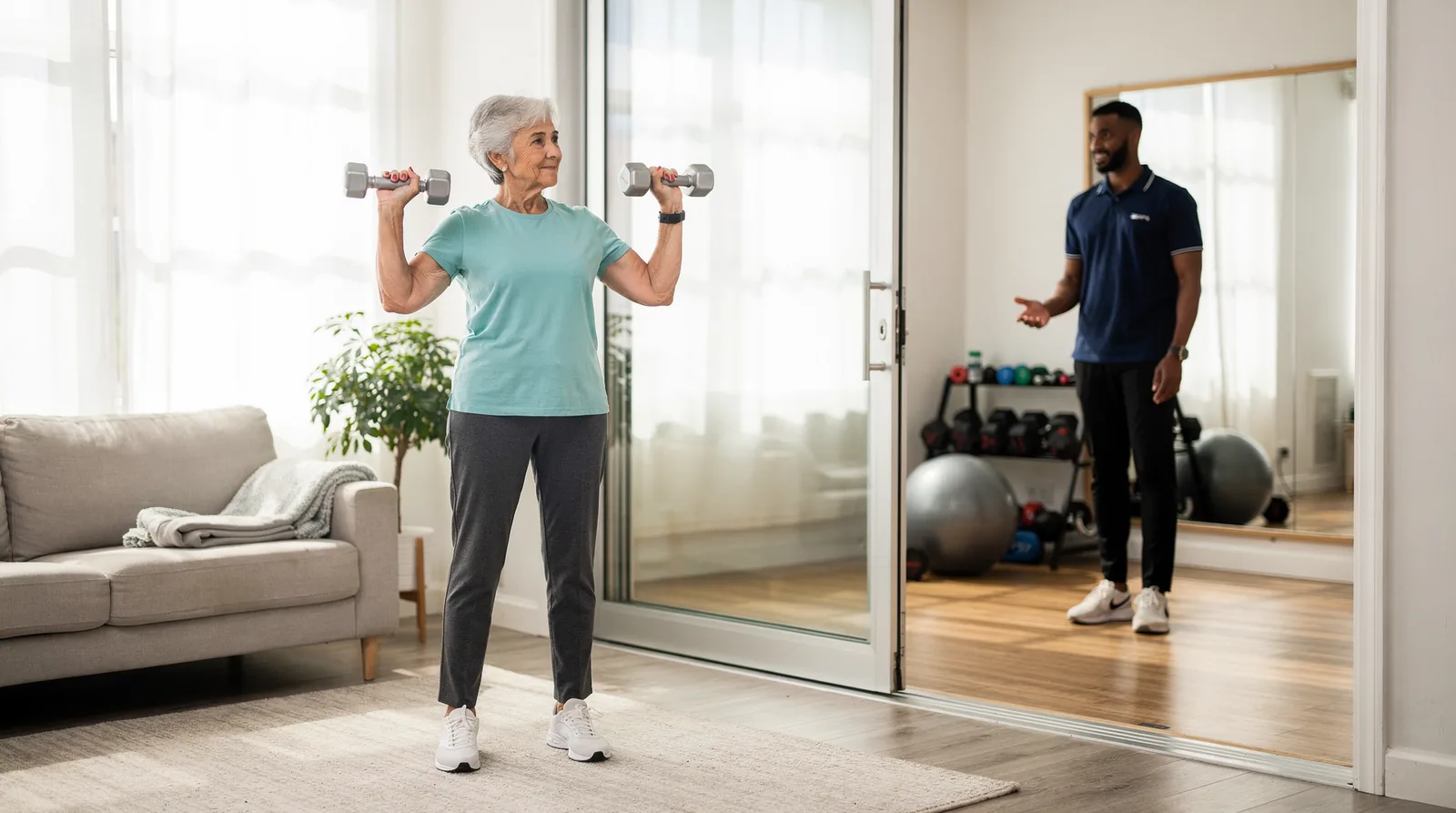 In-home training removes gym commutes, crowded classes, and intimidating equipment, common barriers for older adults
