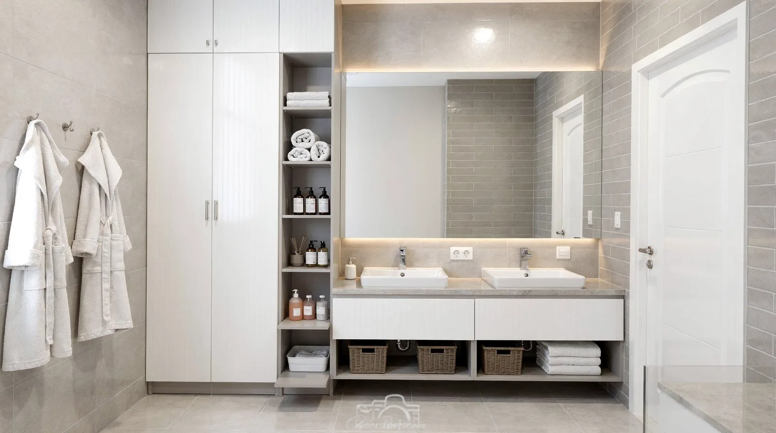 Design professionals use towers, pullouts, niches, and hooks to organize bathroom essentials and keep countertops