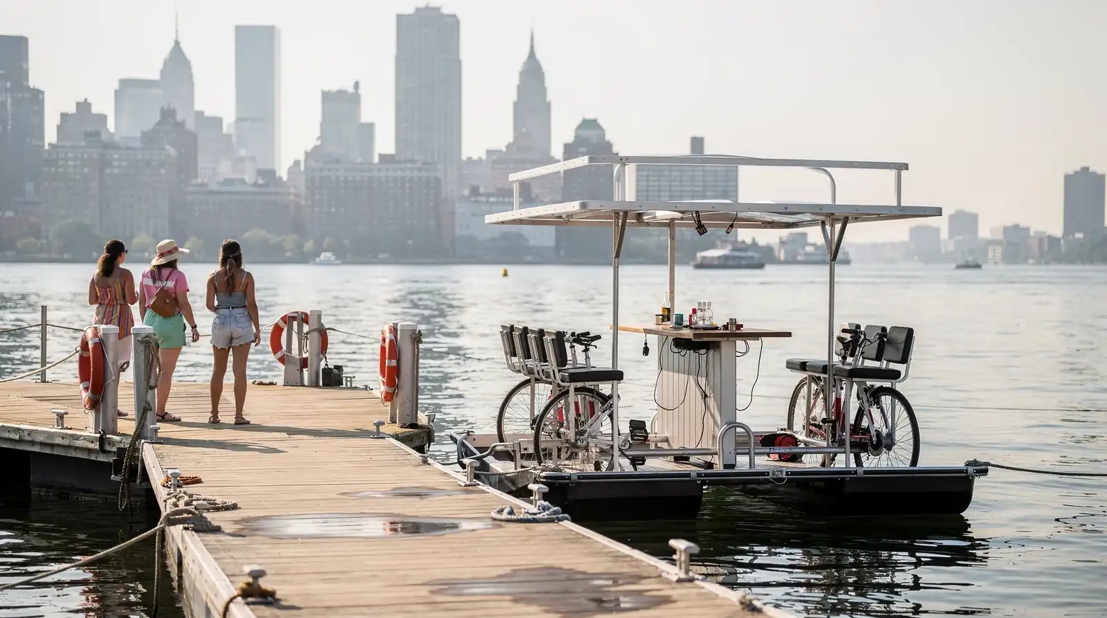 The Cycleboat departs exclusively from a Jersey City pickup point.; The Tiki Boat offers pickup