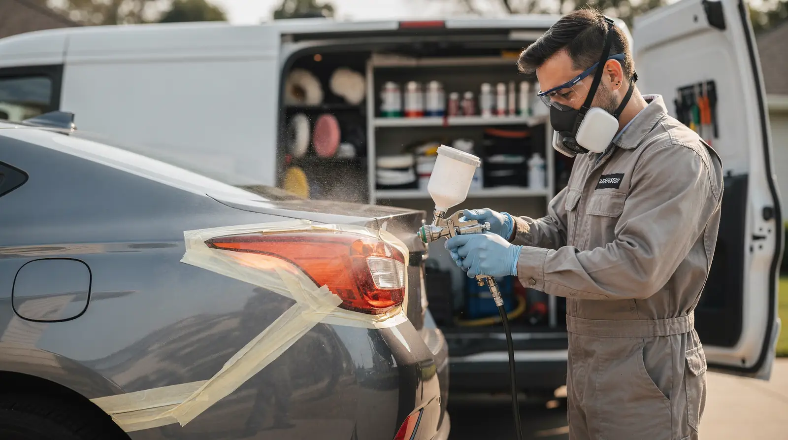 Mobile auto paint repair technician spraying car bumper, equipped with spray gun and protective gear.