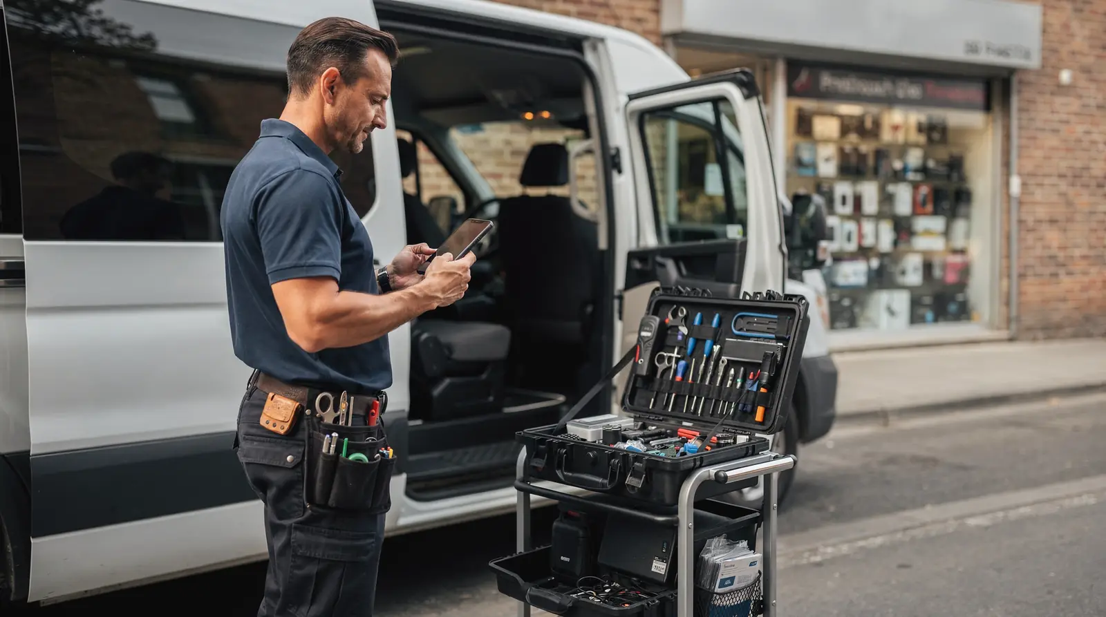 Mobile auto repair technician with tools and equipment, preparing for on-site cosmetic work in Charlotte,