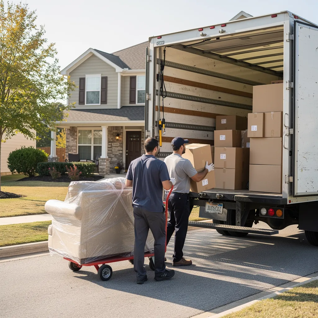 Movers carrying boxes and furniture into a moving truck