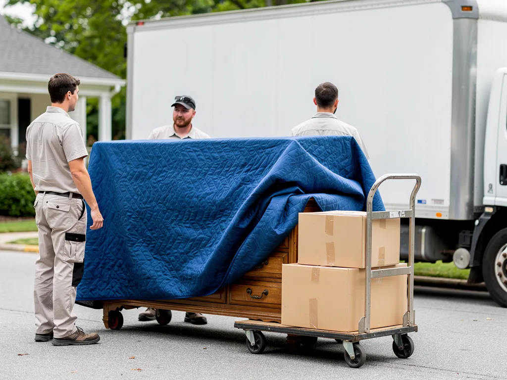 Moving company crew wrapping and preparing furniture for transport