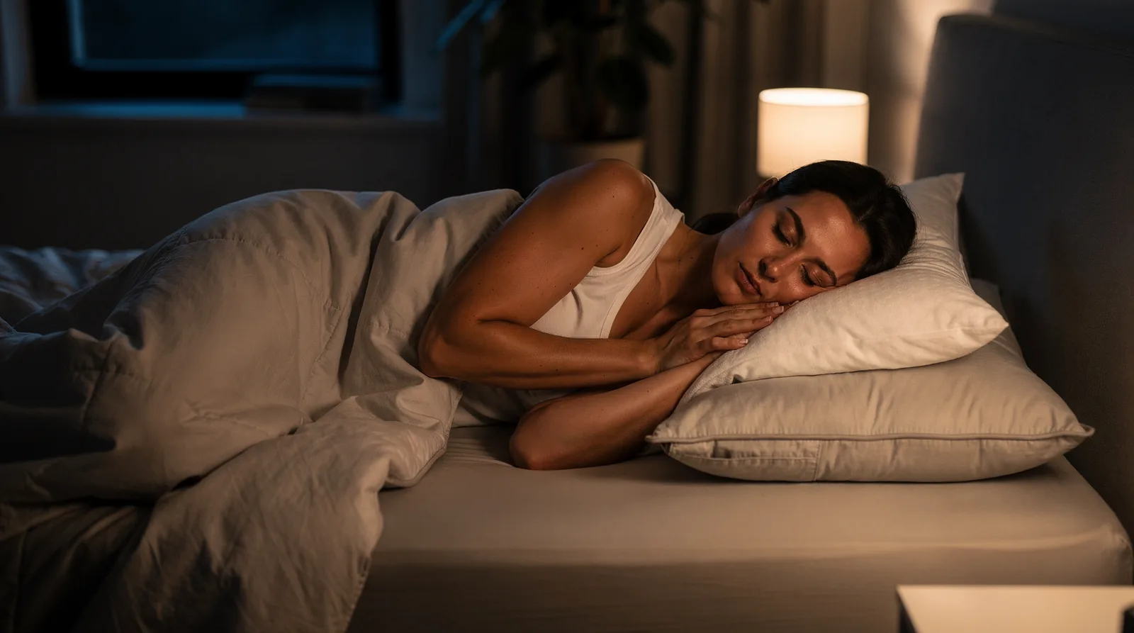 Side sleepers can reduce spinal strain by drawing the knees up and placing a pillow