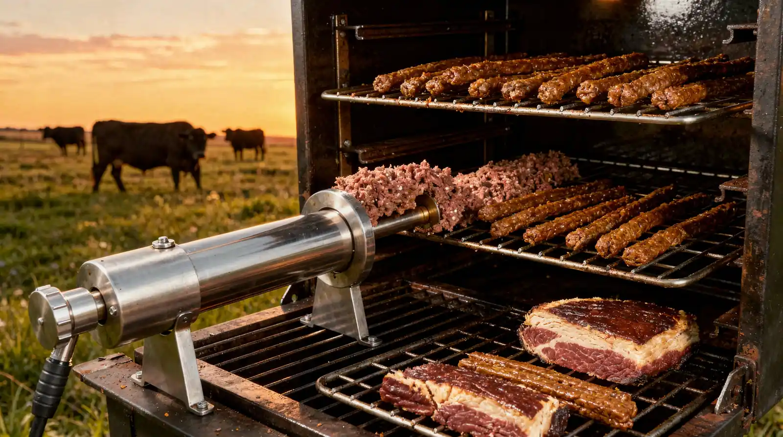 Ground beef stick mixture gets piped through a jerky gun onto racks and smoked