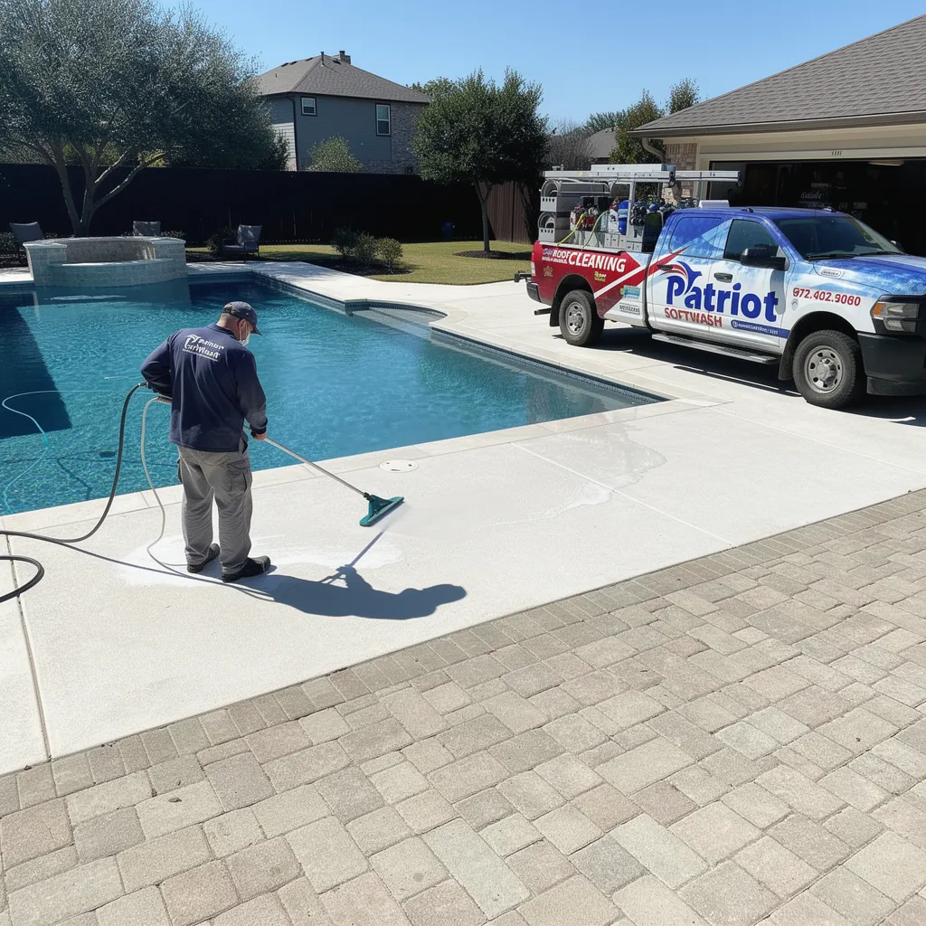 Homeowners should use low-pressure, eco-friendly cleaning methods that remove dirt and mildew without damaging pool