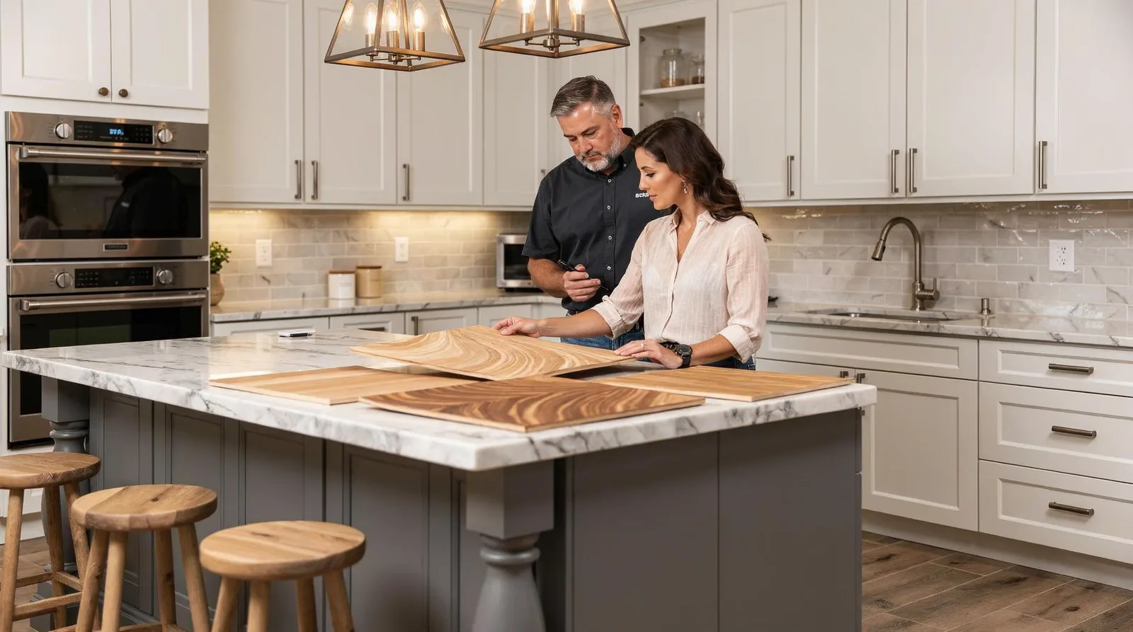 Cabinet material selection is a primary cost driver, with natural wood options like light oak