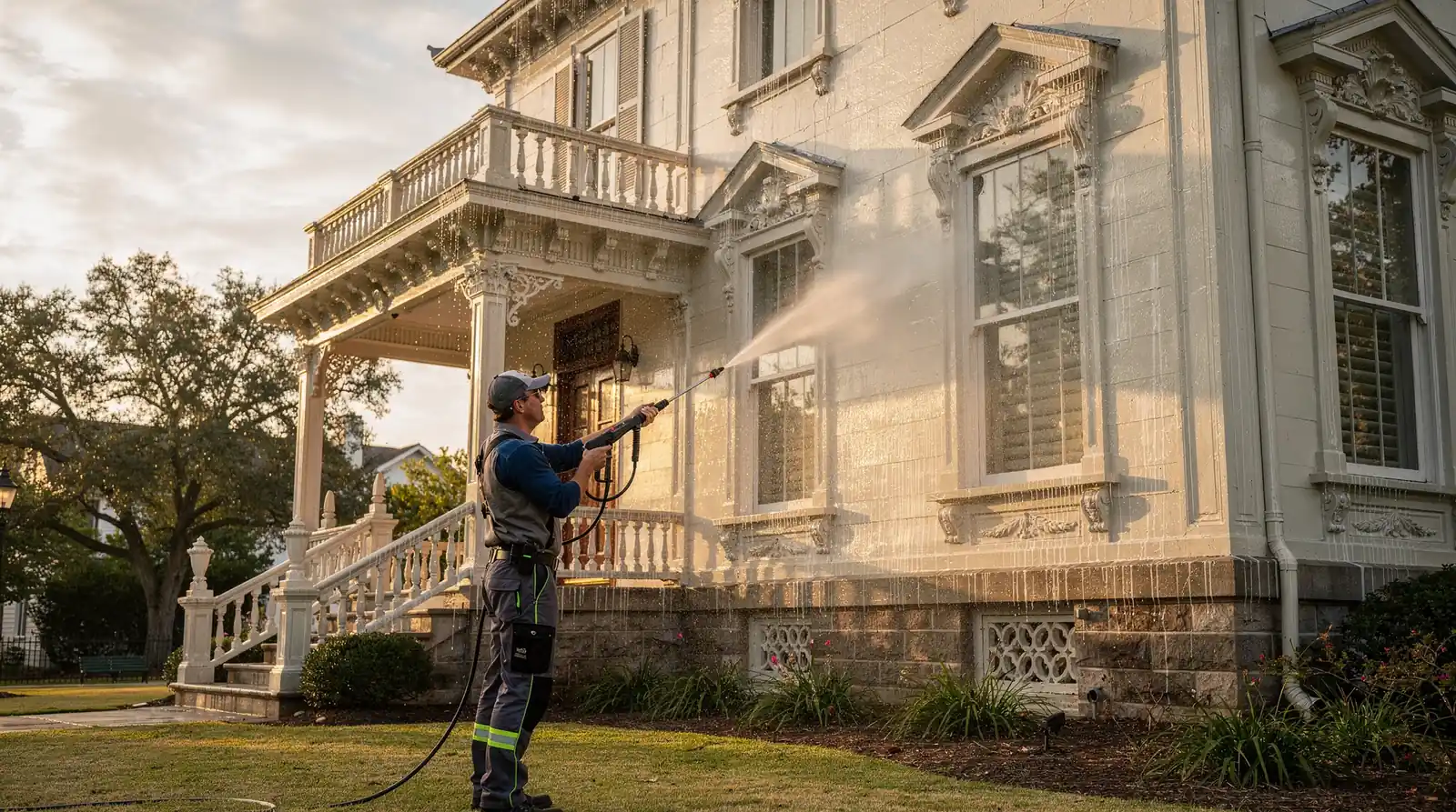 Soft washing sanitizes as it cleans, treating mildew, mold, bacteria, and algae so the home