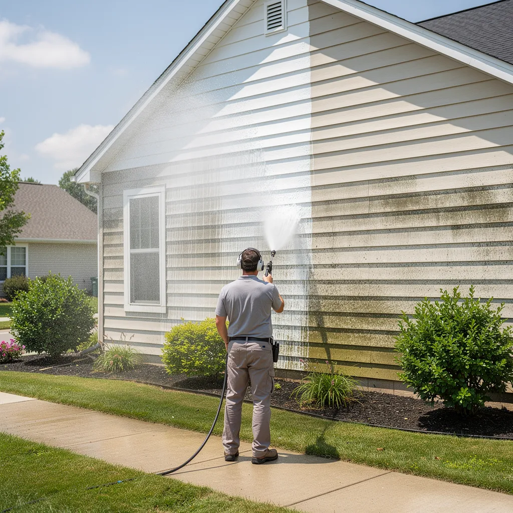 Soft washing uses low-pressure application with specialized cleaning solutions to clean exterior surfaces safely.; Roofs