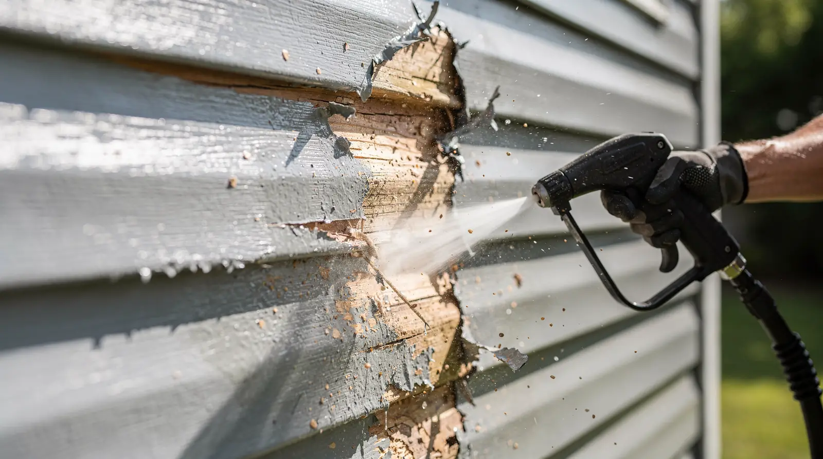 High-pressure jets can strip paint, dent vinyl siding, etch concrete, and scar wood surfaces
