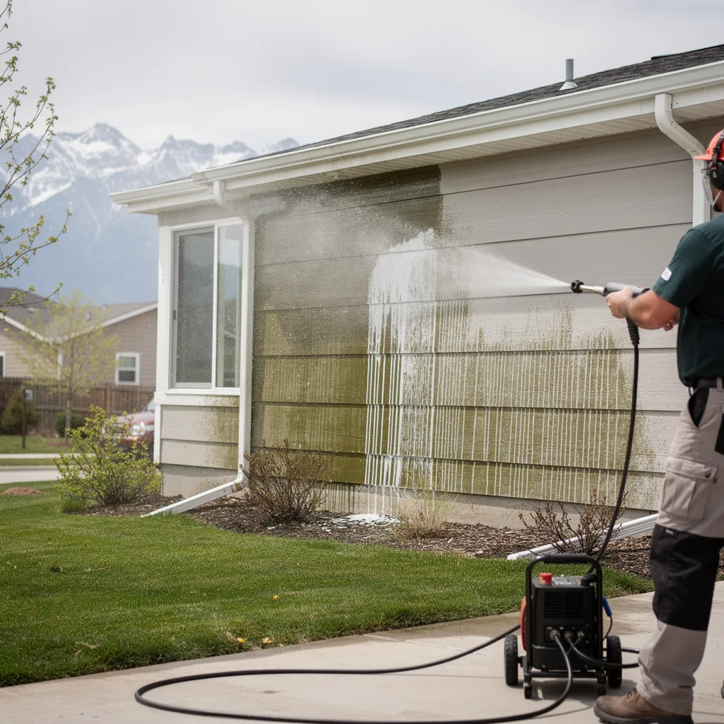 Soft washing cleans exterior surfaces safely using low pressure (~500 PSI) with a biocidal cleaning