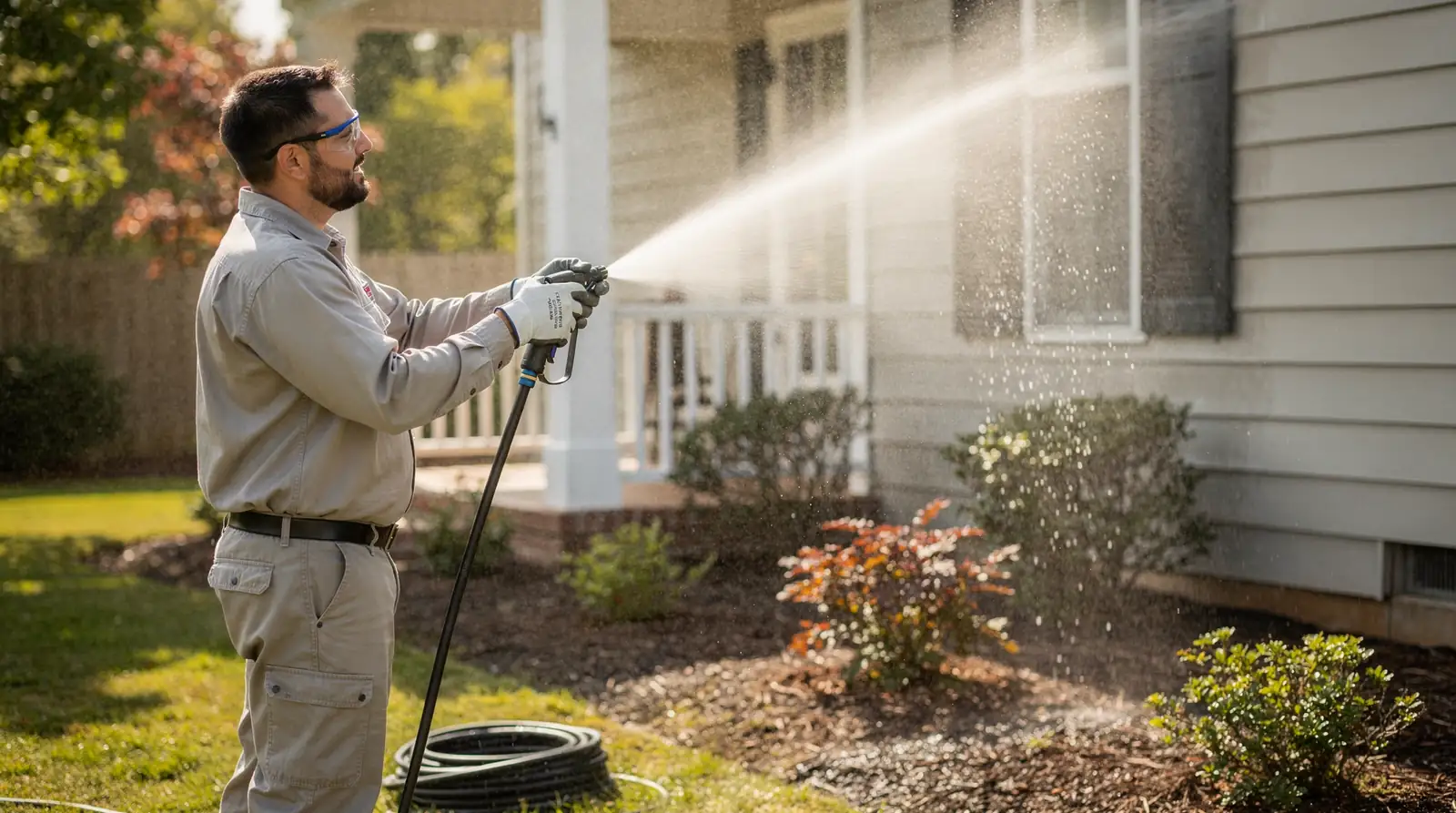 Soft washing kills green and black biological staining at the root rather than just blasting
