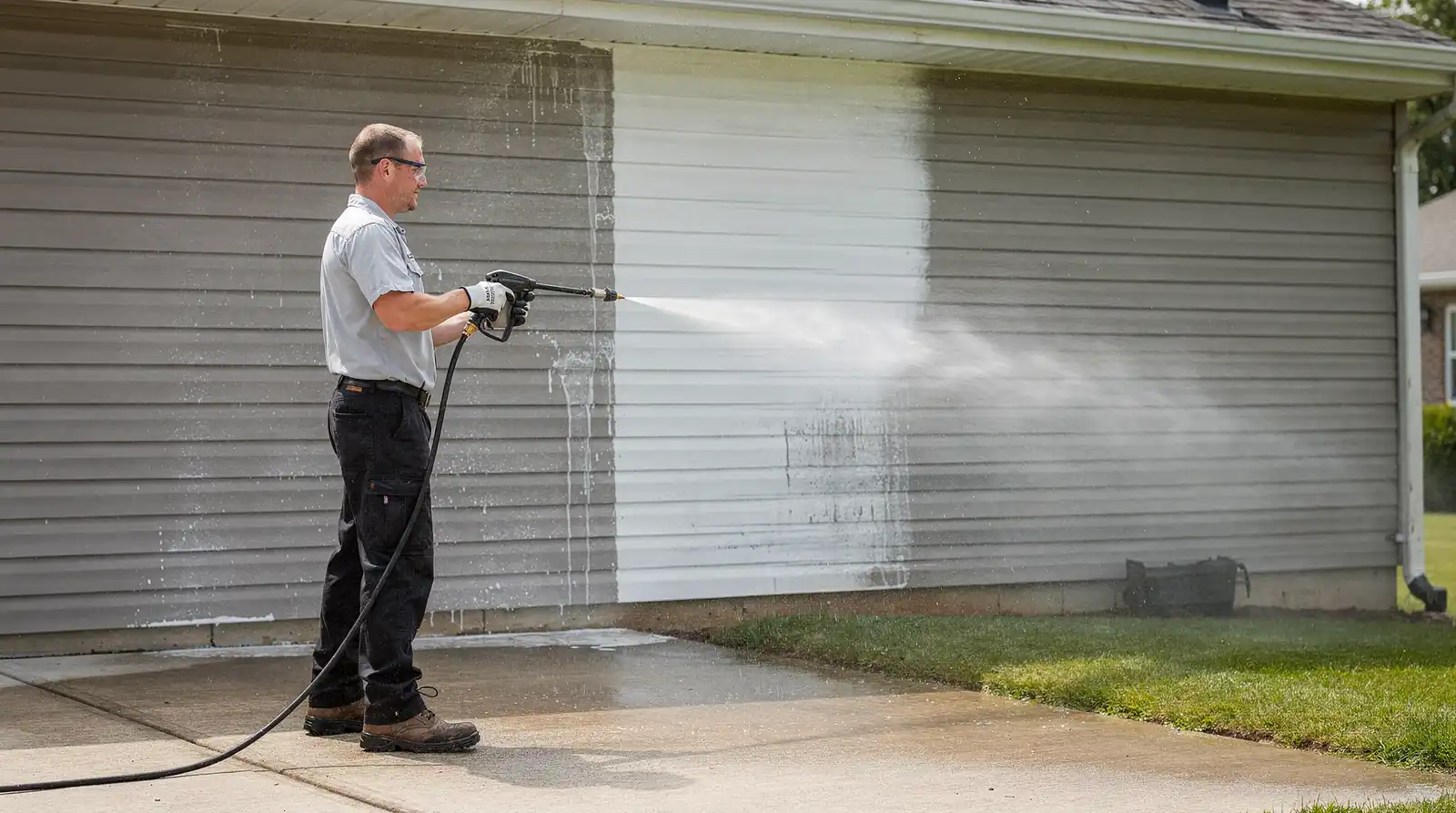 Power washing uses high-pressure water, typically 1,500 to 3,500 PSI, and suits hard surfaces like