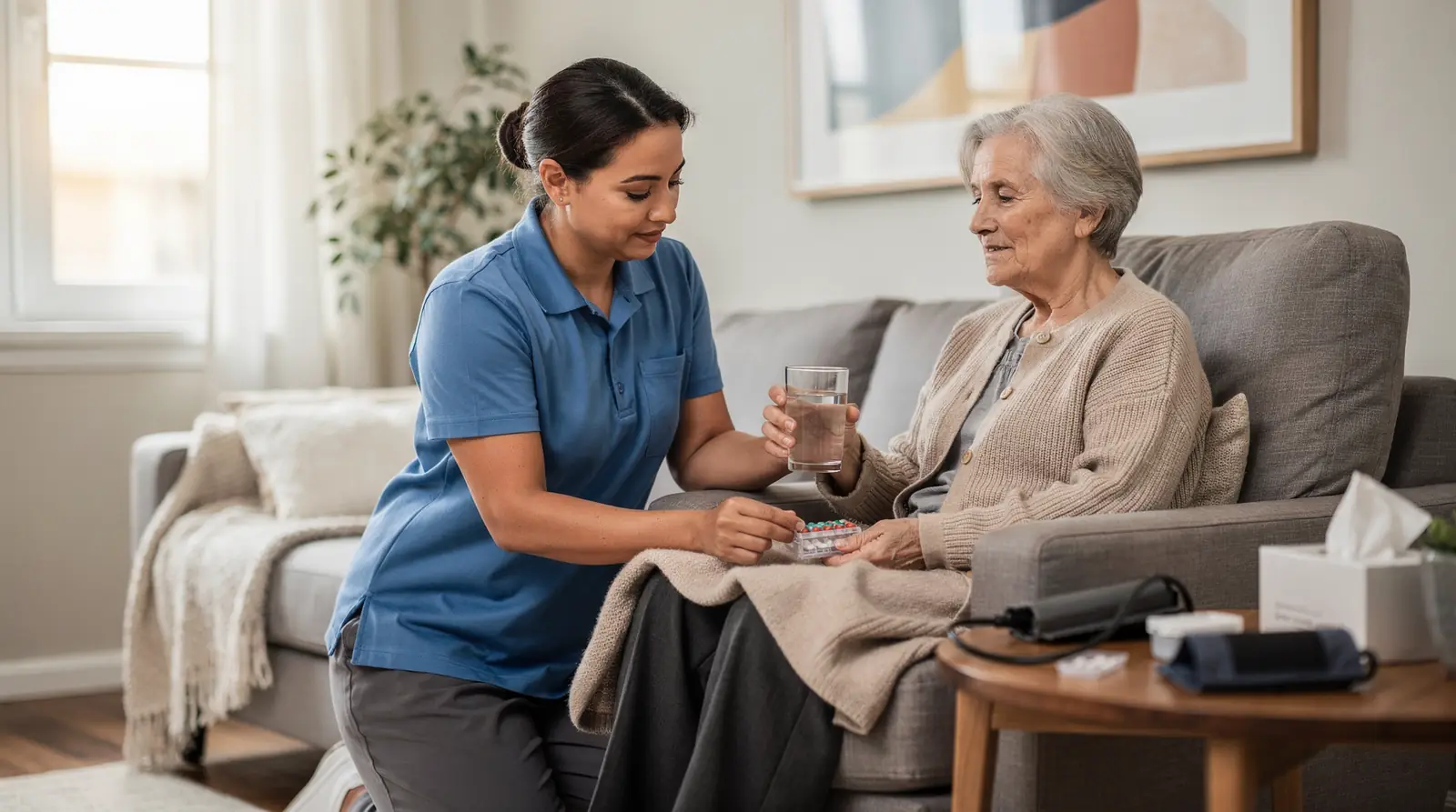 Local in-home care commonly includes bathing, meal prep, light housekeeping, and medication reminders customized