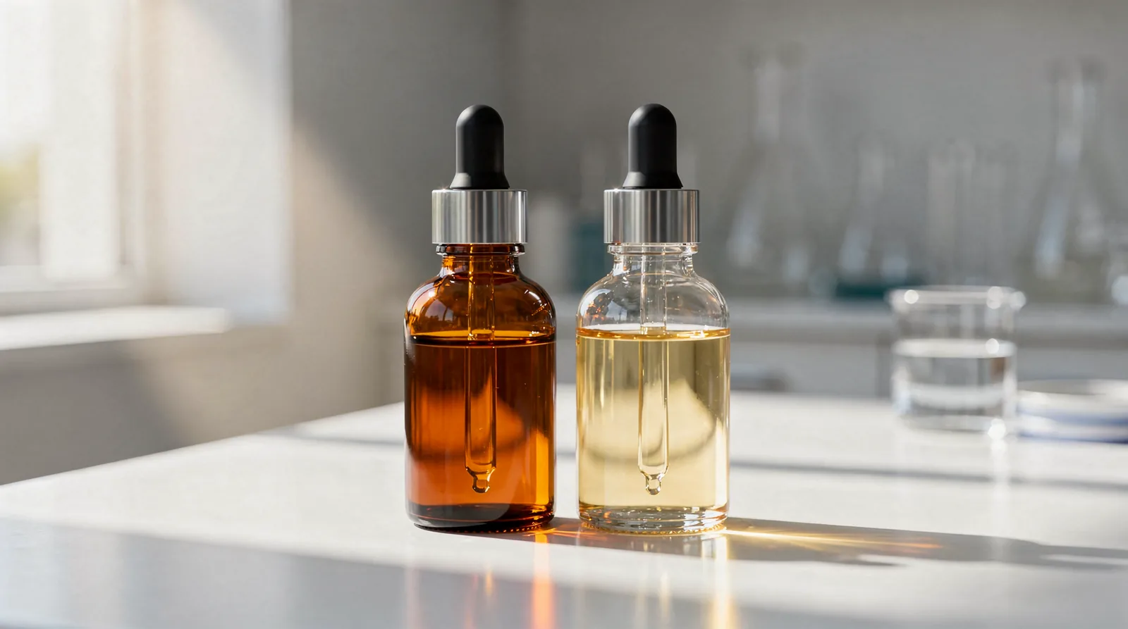 Glass dropper bottles are available in colored formats, such as amber, in addition to clear