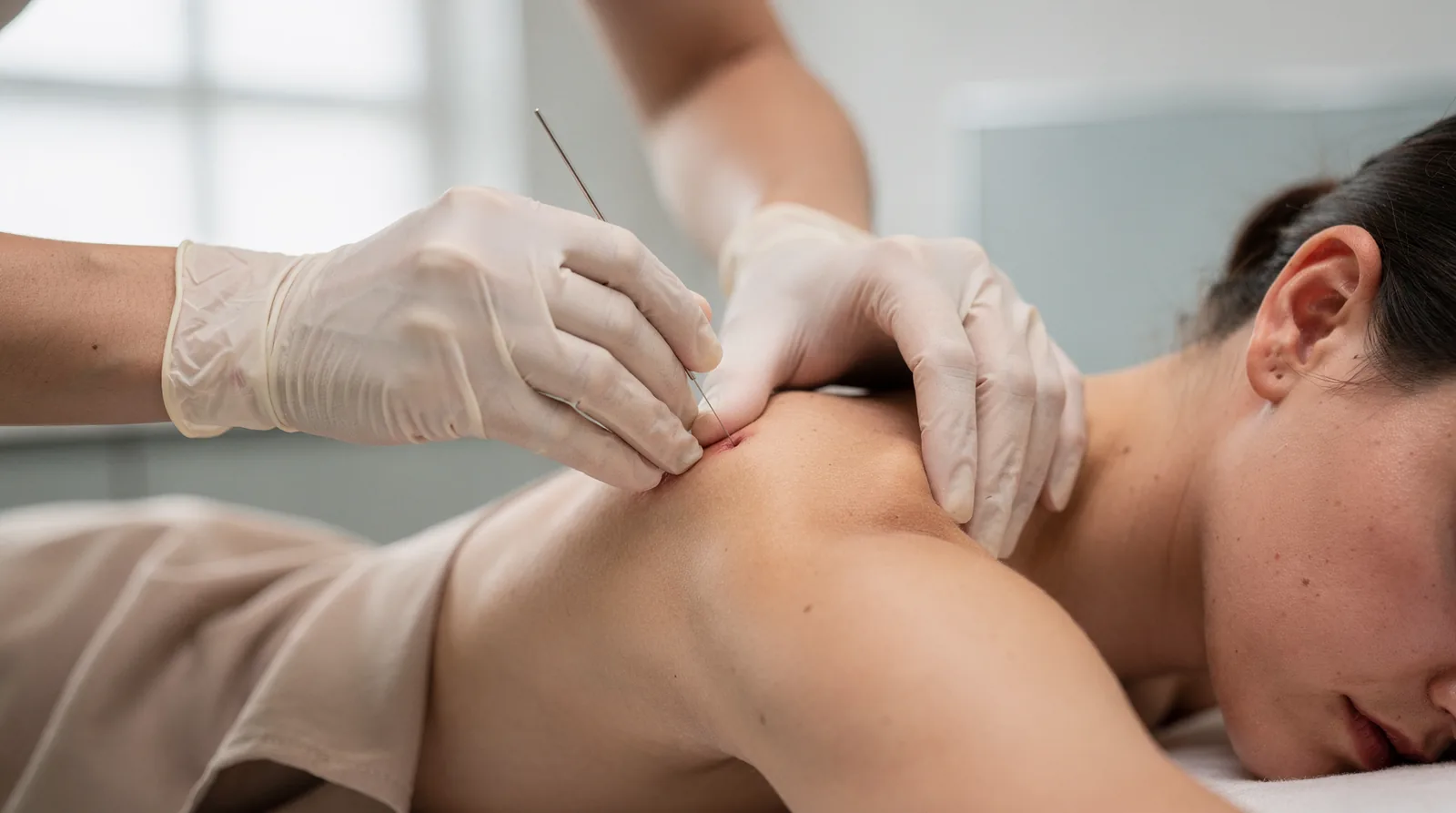 Dry needling involves inserting sterile filiform needles directly into tight, painful parts of muscle, causing