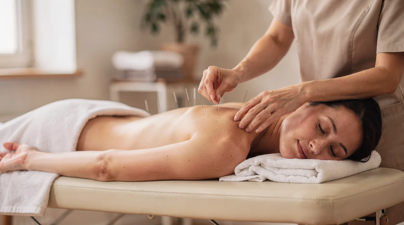 Acupuncture promotes relaxation by stimulating specific points on the body to restore balance.; The calming