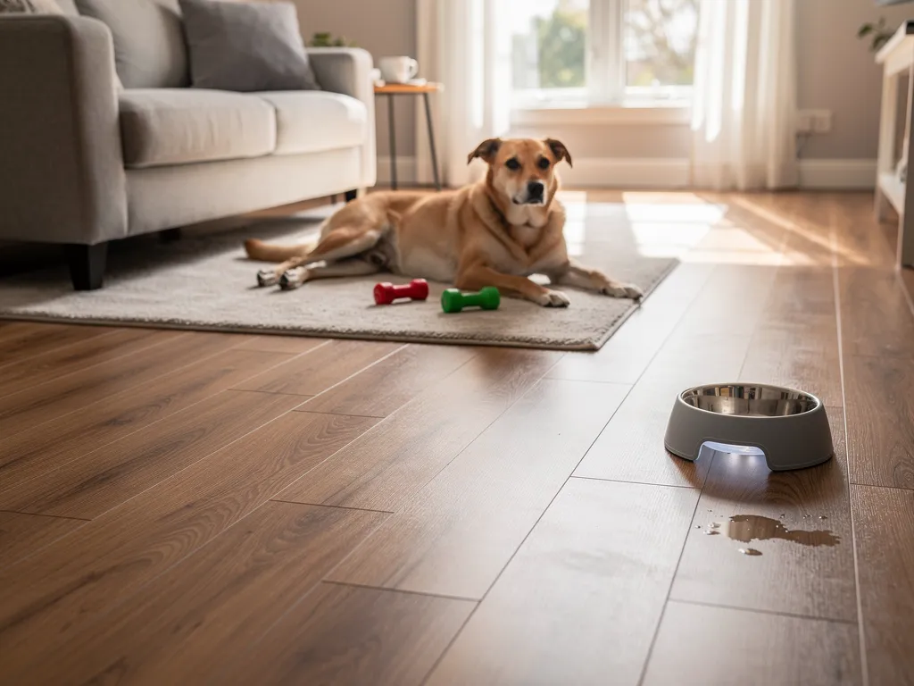 Textured wood-look laminate flooring sample in a bright room