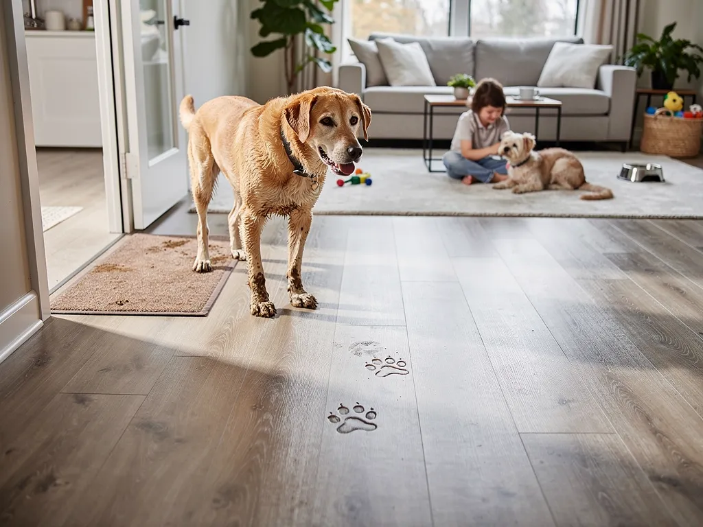 Family and dog relaxing together on durable pet friendly flooring