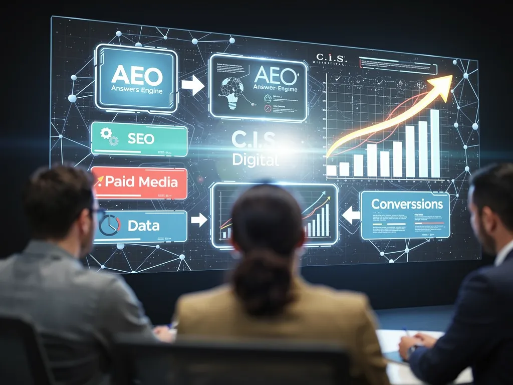 Business team reviewing customer trust and authority metrics on a dashboard