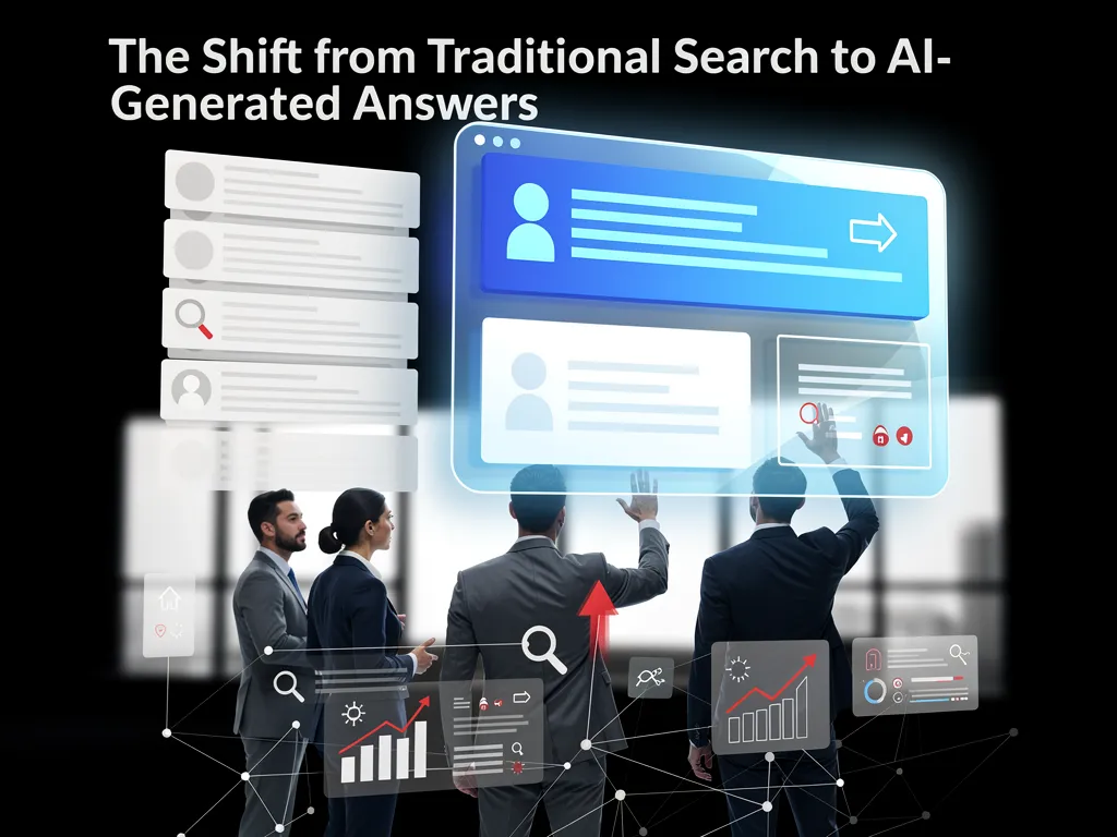 Split-screen comparing a traditional search results list with a single AI-generated answer summary