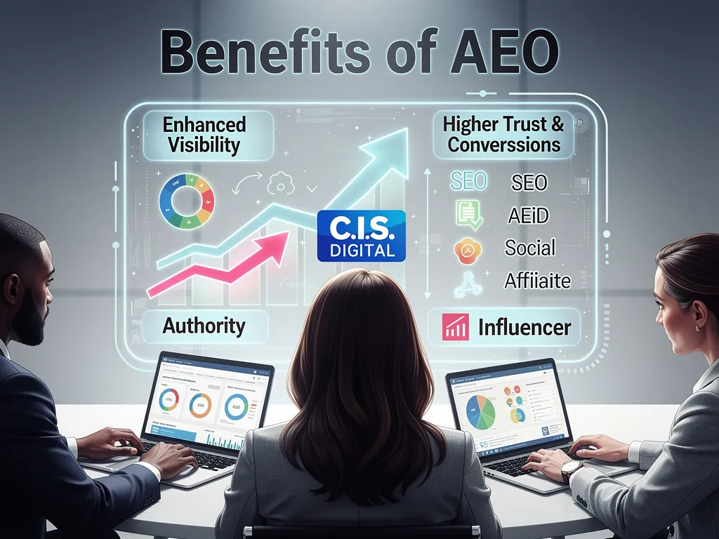 Icons representing brand trust, conversion growth, and industry authority