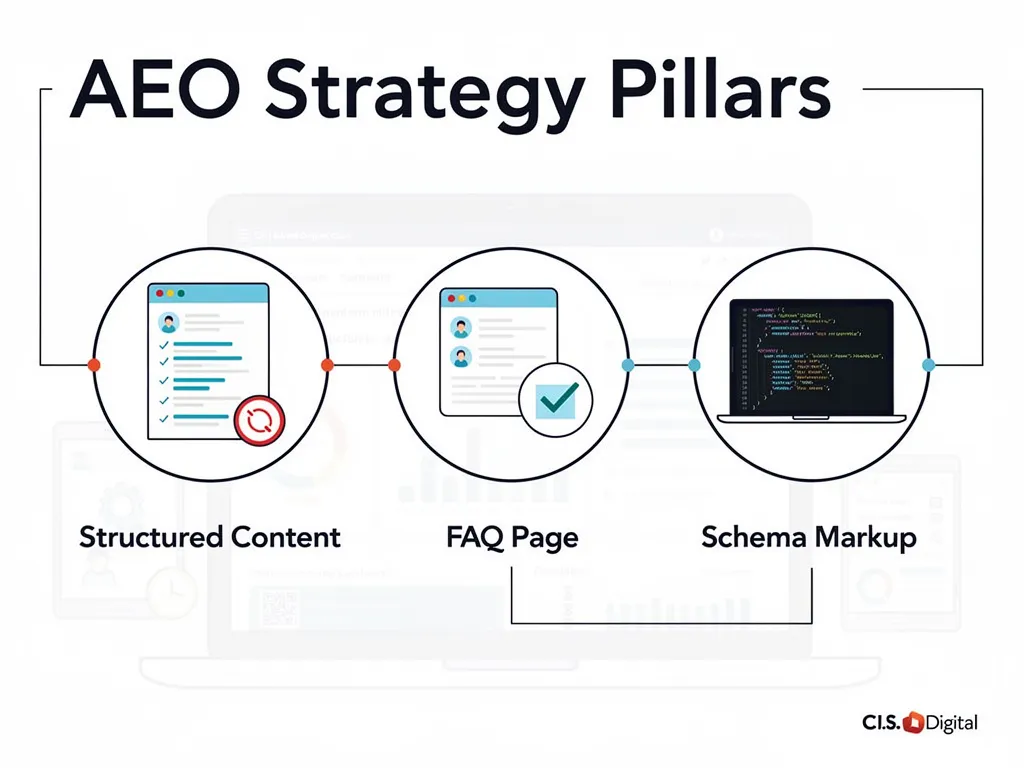 Content structuring, FAQ pages, and schema markup icons for AEO strategy